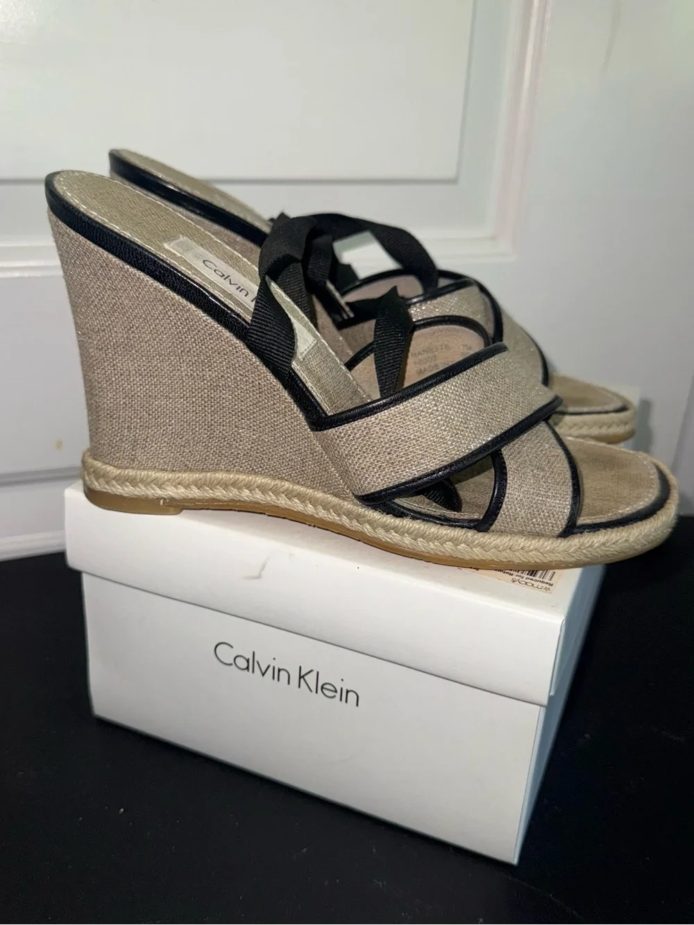 Calvin Klein Natural and Black Espadrille Slide Sandals